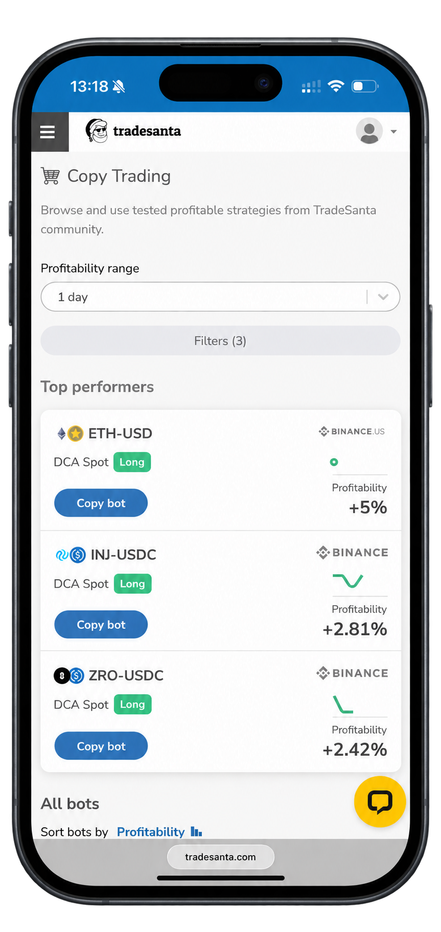 tradesanta crypto trading bot mobile app and version